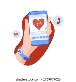 Vector mobile phone and hand in flat style - fitness app concept on touchscreen. Fitness tracker banner. Flat illustration of fitness tracker vector banner for web design with free space for text