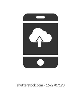 Vector mobile phone icon with a cloud icon and up arrow. Simple flat design for apps and web sites.