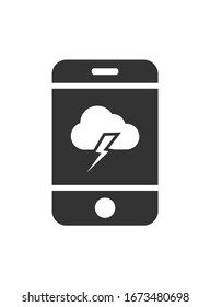 Vector mobile phone icon with a cloudy and thunderstorm icon. Simple flat design for apps and web sites.
