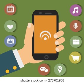 Vector mobile phone with icons in flat style - technology icons and social media symbols
