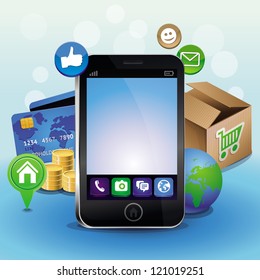 Vector mobile phone and icons - internet shopping concept