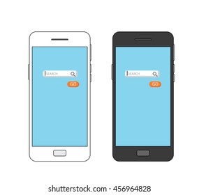 Vector of mobile phone with internet searching field and search button on the screen