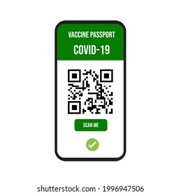 Vector mobile phone mock up QR code vaccine covid-19 on screen icon symbol on white background.