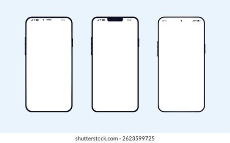 Mockups de telefone celular vetor - Coleção de vários modelos de smartphone fictícios sem marca com tela branca vazia em branco, vista frontal plana e fundo azul claro