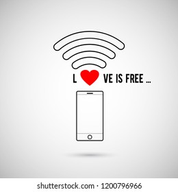 Vector mobile phone with red heart  inscription love is free in search Wi Fi Cell phone with shadow on white gradient background Transparency icon smartphone searching WiFi loving wirelees connection