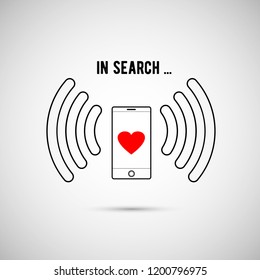 Vector mobile phone with red heart  inscription in search Wi Fi love Cell phone with shadow on white gradient background Transparency icon smartphone searching WiFi loving wirelees network connection