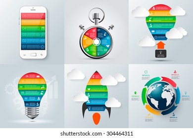 Vector Mobile Phone, Rocket, Stopwatch, Lightbulb And Other Elements For Infographic. Template For Diagram, Graph, Presentation And Chart. Business Concept With 6 Options, Parts, Steps Or Processes