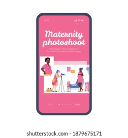 Vector mobile phone screen with photographer taking pictures for pregnant woman on digital camera. Photos female waiting baby, shoot of happy maternity in professional studio.