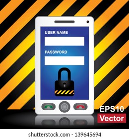 Vector : Mobile Phone Security Concept Present By White Smart Phone With Login Form and The Key Lock Icon on Screen in Caution Zone Dark and Yellow Background