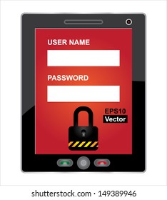 Vector : Mobile Phone Security Concept Present By Black Tablet PC With Login Form and The Key Lock Icon on Red Screen Isolated on White Background 