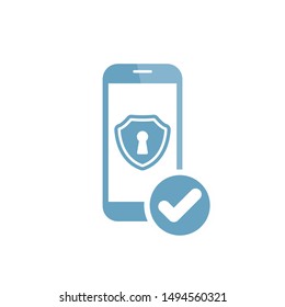 Vector mobile phone security concept icon with check sign, approved, confirm, done, tick, completed symbol