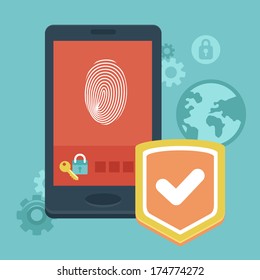 Vector Mobile Phone Security - Concept With Icons In Flat Style - Data Protection And User Identification