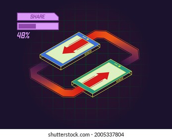 Vector mobile phone with sharing theme, depicted with two mobile phones connected to each other via rotating arrows. Editable as needed.