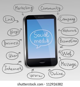 Vector mobile phone with social media concept - marketing and promotion