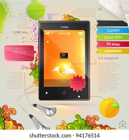 Vector mobile phone with tags, stickers and headphones