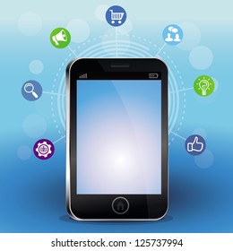Vector mobile phone with touchscreen and social media icons - technology concept