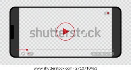 Vector mobile phone video player interface design. Smartphone screen with media playback controls. Digital multimedia app layout template for streaming service.