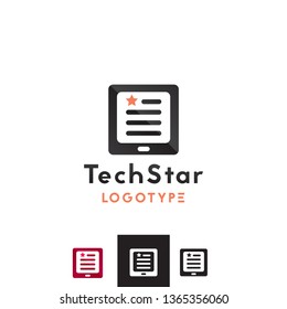 Vector Mobile Review Logotype. Professional Company Business, Corporate Identity, Branding Icon. Digital Screen Text with a Star.