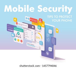 Vector mobile security and data protection concept. Smartphone with bank application login page, account dashboard, bank card management page, payment, deposits, notification and other features