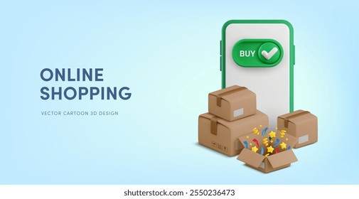 Vector mobile shopping and online delivery banner concept. Cartoon 3d smartphone, green buy checkmark toggle switch, cardboard boxes, confetti. Realistic 3d render successful order received concept.