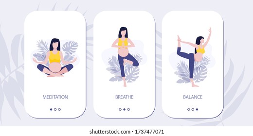 Vector mobile site or mobile app onboarding screens for yoga lovers. Yoga asana poses for woman expecting a baby. Healthy pregnance concept. Pregnant woman doing yoga exercises and yoga poses.
