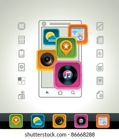 Vektor-Smartphone-App und charakteristisches Symbol-Set
