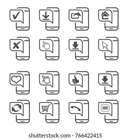 Vector mobile, smartphone. Communication icons of download, share. Line symbols with heart, like gesture, hand, check mark ok, do not tick, buy now, like, menu, call, back home, upload, best choice