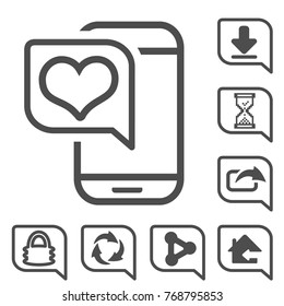 Vector mobile, smartphone. Communication icons of download, share. Line symbols with heart, like, back home, upload, locked lock, hourglass - wait