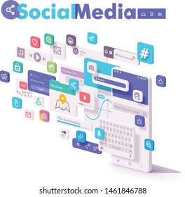 Vector mobile social media, social networking apps concept. Smartphone with screens, video and photo sharing, blogging, communication, marketing and social network commerce