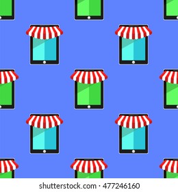 Vector Mobile Store Seamless Pattern on Blue Background.