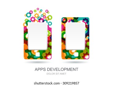 Vector mobile or tablet pc icon built from colorful gear cogs. Abstract logo template. Concept for mobile app development, web design, internet technology.