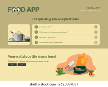 Vektor mobile UI-Bildschirm für eine Lebensmittel-App mit häufig gestellten Fragen. Zu den Themen gehören Liefergeschwindigkeit, Restaurantoptionen, Rezepte und Zahlungsmethoden. Ideal für App-Design und UX.