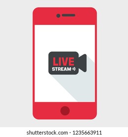 Vector mobile video stream phone icon. Smartphone illustration in flat style. On the phone screen, a video icon with the text: Live Video.