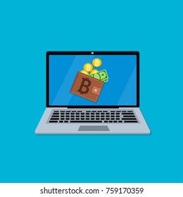 Vector Mobile wallet concept. Laptop with wallet and bitcoin on screen. Mobile or internet banking design.