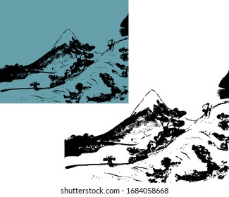 vector mocap on a japanese theme. two people climb mount fuji. Japanese landscape in graphic style. black and white freehand drawing. Design concept for brand, business cards, invitations, packaging.