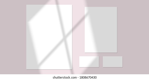 Vector mock up of A4 A5 blanks and cards paper. Shadow overlay effect. Transparent soft light and shadows from window.  Mockup of transparent window shadow and natural lightning. 10 eps mesh.