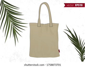 Vector mock up of beige eco bag with palm leaves on white grunge background. Stylish presentation of design. 