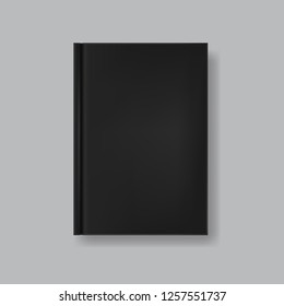 Vector mock up of black blank book cover isolated on grey background. Realistic closed vertical book, magazine or notebook template for your design. In front side of book.