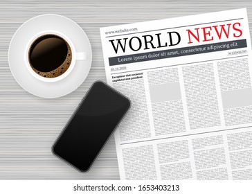 Vector mock up of a blank daily newspaper, Coffee and smartphone. Fully editable whole newspaper in clipping mask. Vector stock illustration.