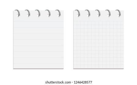 Vector mock up blank notebook with metal spiral template isolated on white background. Two types, line and box