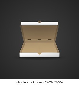 vector mock up blank square cardboard white paper pizza open box illustration realistic with shadow template design isolated on dark background
