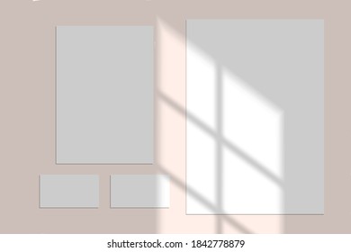 Vector mock up of blanks and cards paper. Shadow overlay effect. Transparent soft light and shadows from window.  Mockup of transparent window shadow and natural lightning. 10 eps mesh.