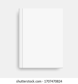 Vector mock up of book cover. Closed vertical book, magazine or notebook mockup on white background. Realistic 3d illustration. Blank book cover vector illustration template