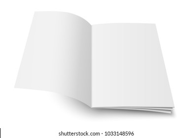 Vector mock up of book or magazine white blank cover isolated. Flying opened vertical magazine, brochure, booklet, copybook or notebook template on white background. 3d illustration.