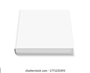 Vector mock up of book with white blank cover isolated. Closed square hardcover book, catalog or magazine mockup on white background. 3d illustration. Diminishing perspective view.