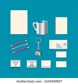 Vector mock up for business documents. A4 template, spiral notebook, envelopes of various sizes and shapes, business card, 3 pencils, cup, key chain with coin box for cart