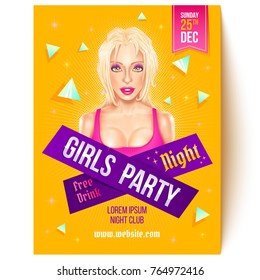 Vector mock up flyer for girls party in nightclub. Vector flyer for disco night with beautiful girl.