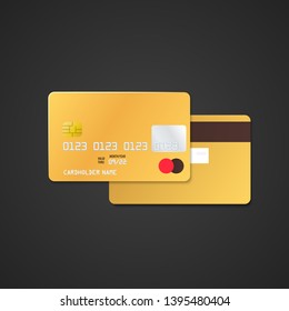 vector mock up gold vip blank plastic bank card face and back sides illustration realistic with shadow template design isolated on black background
