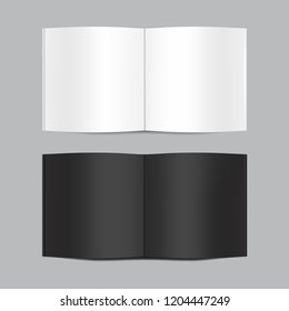Vector mock up of open white and black blank book isolated on grey background. Horizontal realistic magazine, booklet, brochure or notebook template for your design. In front side of book.