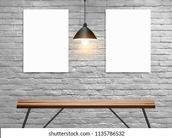 Vector Mock up poster on white brick wall in interior with wood table, Loft workspace concept